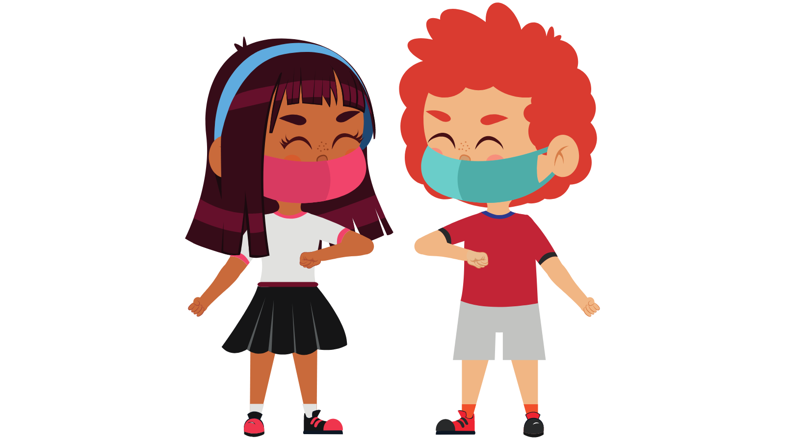 Two animated children wearing masks, and smiling